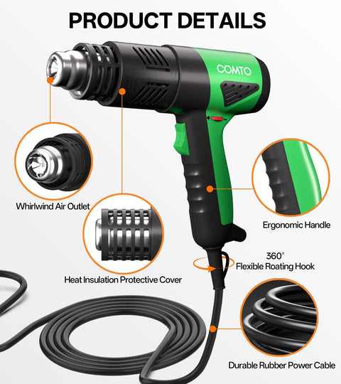 1800W Industrial Heat Gun With Lightning Fast Heat Up 122F To 1202F Variable Temperature Control Overheat Protection Dual Air Speed Settings And 4 Nozzles For Crafts Shrinking Tubing Vinyl Wrap SG1004 showing ergonomic handle and features.