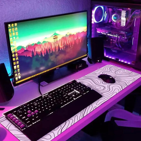 Extended White Topographic Gaming Mouse Pad Desk Mat 31.5 Inch By 11.8 Inch Long XL Pad For Gaming And Office on desk