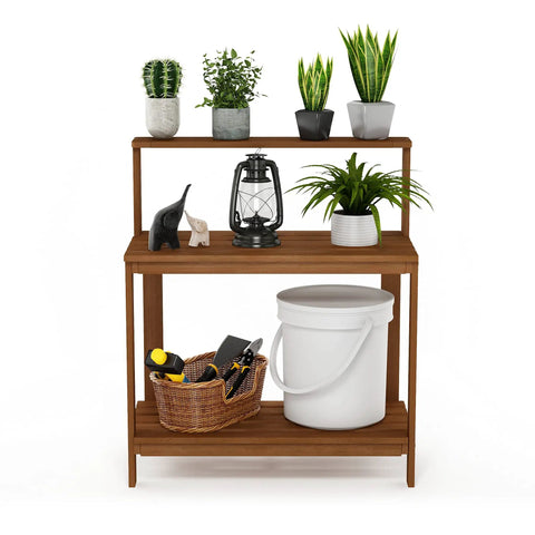 Tioman Outdoor Potting Bench In Natural Hardwood For Small Patios And Balconies With A Tall Open Frame And Slatted Shelves That Drain Water