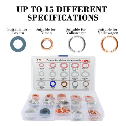 Must Have 105Pcs Car Oil Drain Plug Gasket Set Crush Washer Assortment with 15 styles for Toyota, Nissan, Volkswagen