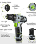 Cordless Drill Driver Kit For Home Projects 12V Lightweight 1.8 Lb With Three Eighths Inch Keyless Chuck Charger And Storage Bag Included Perfect Gift For Diyers And Weekend Warriors, showing features like torque adjustment collar and two-speed control.