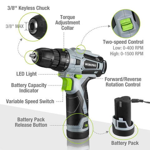 Cordless Drill Driver Kit For Home Projects 12V Lightweight 1.8 Lb With Three Eighths Inch Keyless Chuck Charger And Storage Bag Included Perfect Gift For Diyers And Weekend Warriors, showing features like torque adjustment collar and two-speed control.