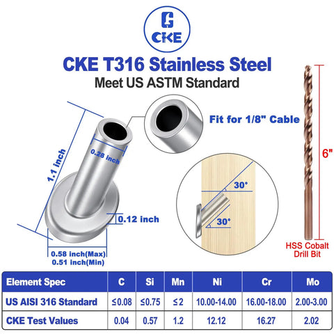 Diagram showing 40 Pack T316 Marine Grade Stainless Steel 30 Degree Beveled Cable Railing Sleeves For Wood Posts Protecting One Eighth Inch Cables On DIY Balustrades And Outdoor Stairs Ramps Heavy Duty CR30 with dimensions.