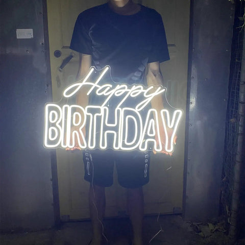 Massive Happy Birthday Neon Sign For Wall Decor With Dimmer Switch, 12V Reusable Light, 27.5 x 17 Inches, glowing in dim room
