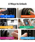 Smooth Zero Drama Keyless Entry With This Heavy Duty Wifi Smart Door Lock showcasing 6 unlocking methods including RFID, Fingerprint, and PIN code.