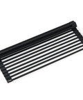 Multipurpose Workstation Sink Roll-Up Dish Drying Rack With Colander And Trivet, Black Finish, rolled up on white background