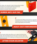 Heavy Duty Stone Lifting Clamp Features Boss Scissor Grip That Legitimately Hauls Up To One Thousand Three Hundred Twenty Three Pounds While Delivering Wide Adjustable Span From Fourteen Inches To Thirty One Inches For No Sweat Granite Moving. Close-up of rubber anti-slip pad and lifting chain adjuster.