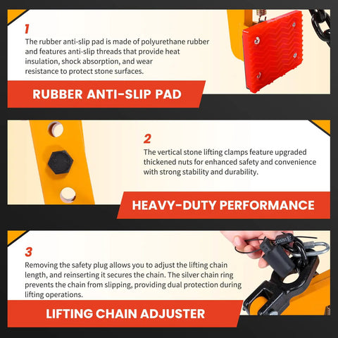 Heavy Duty Stone Lifting Clamp Features Boss Scissor Grip That Legitimately Hauls Up To One Thousand Three Hundred Twenty Three Pounds While Delivering Wide Adjustable Span From Fourteen Inches To Thirty One Inches For No Sweat Granite Moving. Close-up of rubber anti-slip pad and lifting chain adjuster.