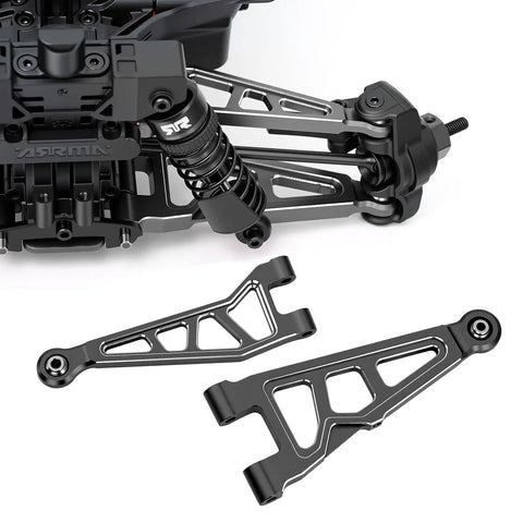 Arrma Aluminum Alloy Front And Rear Suspension Arms Set For One Sixteenth Mini Kraton 3S Upgrade Parts Replace ARA 2674 ARA 2675 Black Beefed Up Heavy Duty Durable Lightweight Performance Upgrade Kit showcasing front and rear arms