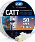 Shielded Cat7 Ethernet Patch Cable 50 Ft White Flat Internet Cable with Snagless RJ45 Connectors for Modem Router LAN and PC High Speed Data Durable Shielding Includes Free Clips and Straps.