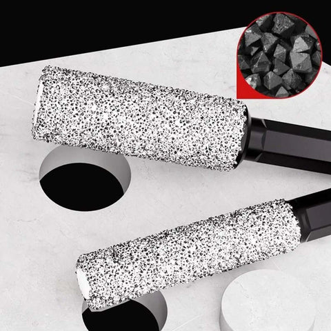 Upgrade Your Drill Game With This Hot Hexagonal Granite And Concrete Hole Saw Kit Featuring Enhanced Cooling Wax For Extended Lifespan Plus Integrated Polishing Handle For Smooth Profiling On Tough Projects. granite hole saw bit drilling a smooth round hole in tile