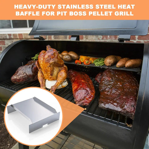 Heat Deflector And Flame Tamer For Pit Boss Pellet Grills Compatible With 700 820 850 1000 1150 1250 1300 1600 Series Heat Baffle Diffuser Replacement Part Easy Fit Rugged BBQ Smoker Accessory shown with grilled meats