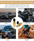Brass Schrader Valve Set, 1 Quarter Inch Push To Connect Inflation Valves shown with sedan, motorcycle, truck, bicycle