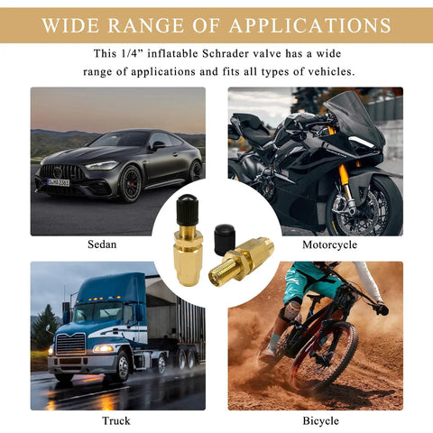 Brass Schrader Valve Set, 1 Quarter Inch Push To Connect Inflation Valves shown with sedan, motorcycle, truck, bicycle