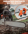 Portable Hand Crank Chainsaw Sharpener Kit With Jig For 8-22 Inch Chainsaws And Electric Saws in use on a log outdoors.
