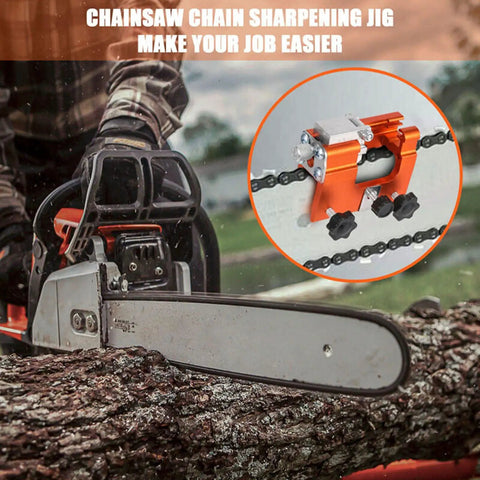 Portable Hand Crank Chainsaw Sharpener Kit With Jig For 8-22 Inch Chainsaws And Electric Saws in use on a log outdoors.