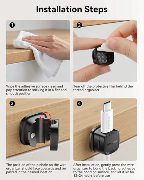 Installation steps for Magnetic Cable Clips Cord Organizer 30 Pack One Hand Snap Quick Release Wire Management, adhesive setup shown.