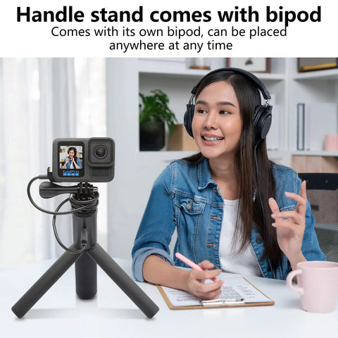 Woman using Handheld Battery Mount With 10000mAh Power Bank Charger For GoPro on tripod in office setting