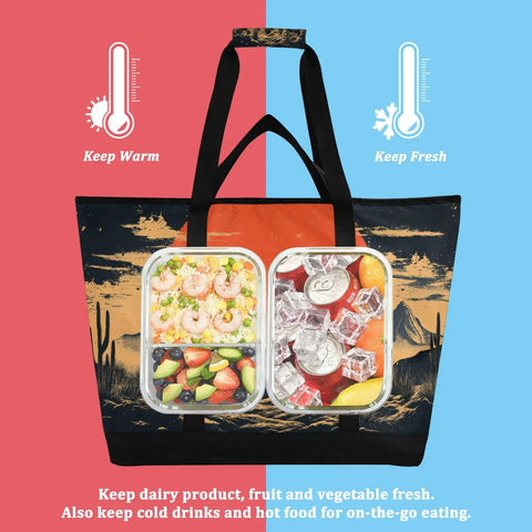 Western Desert Cowboy Insulated Cooler Bag Reusable Thermal Tote with food compartments showing hot and cold storage features