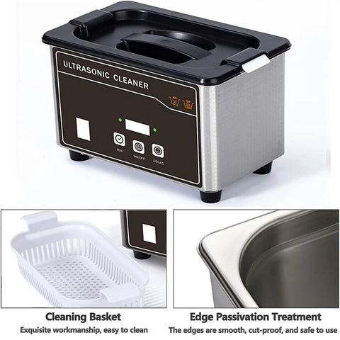 Professional Ultrasonic Jewelry Cleaner Machine With Thirty Five Watt Motor And Zero Point Eight Liter Tank featuring a sleek stainless steel body and digital controls.