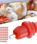 Real Deal 100 Pack Stainless Steel Poultry Water Nipplers With Heavy Duty Screw Mount Base For Backyard Chickens And Farm Flock Smooth Operation 360 Splash Free Drinking Auto Fill Setup close-up of poultry nippler with chicks in background.
