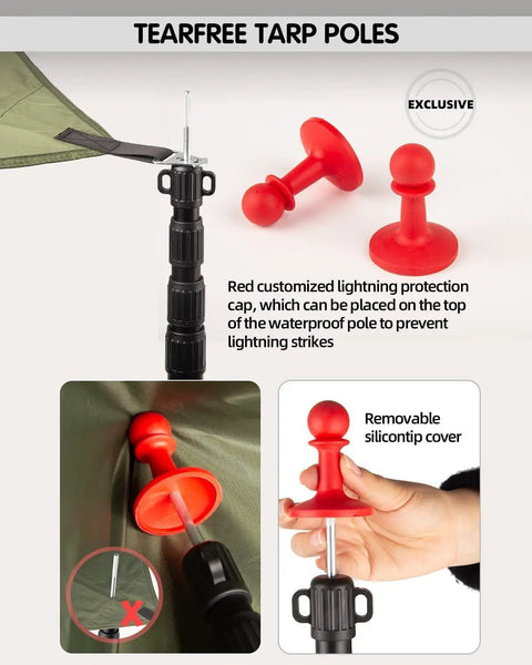 Beefed Up Heavy Duty Adjustable Tarp Poles 8.7Ft with red lightning protection caps, telescoping handle, and silicone tip