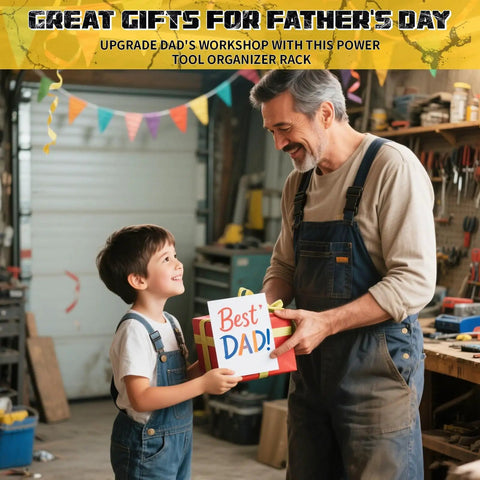 Father and son in workshop exchanging gift marked 'Best Dad' in garage with power tools and pegboard in background