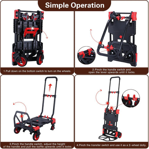 Heavy Duty 2-In-1 Folding Hand Truck And Utility Dolly Cart With 5-Inch Dual Rubber Wheels showing simple operation steps.