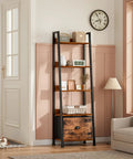 5 Tier Ladder Shelf With Removable Fabric Drawer, freestanding storage rack in living room, rustic wood and metal design
