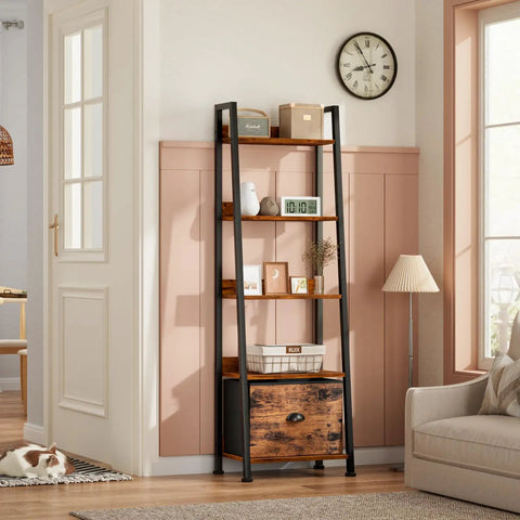 5 Tier Ladder Shelf With Removable Fabric Drawer, freestanding storage rack in living room, rustic wood and metal design