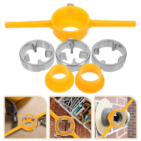 Ditch That Rusty Pipe Job! Get The Ultimate Two Piece Manual PVC Threader Set With Tap Die And Stainless Wrench parts layout showing yellow plastic handle and metal dies.