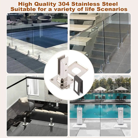 Square 304 Stainless Steel Glass Floor Spigots Deck Railing Clamps Adjustable For Ten To Fifteen Millimeter Frames Hella Solid Pool Staircase Mounts Slick Silver in various settings.