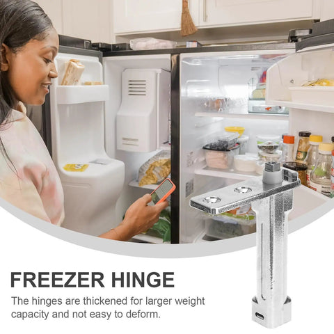 Woman using Heavy-Duty Zinc Alloy Refrigerator Door Hinge With Spring-Loaded Self-Closing Function, Tough-As-Nails Silver Pivot.