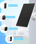 6W Outdoor Solar Panel Charger for Security Cameras wall-mounted next to Eufycam models, showcasing compatibility and design.