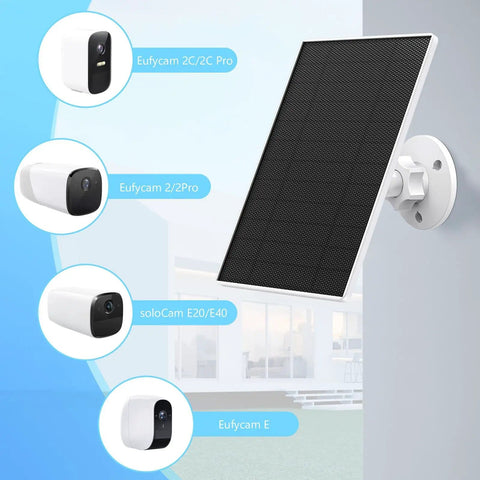 6W Outdoor Solar Panel Charger for Security Cameras wall-mounted next to Eufycam models, showcasing compatibility and design.