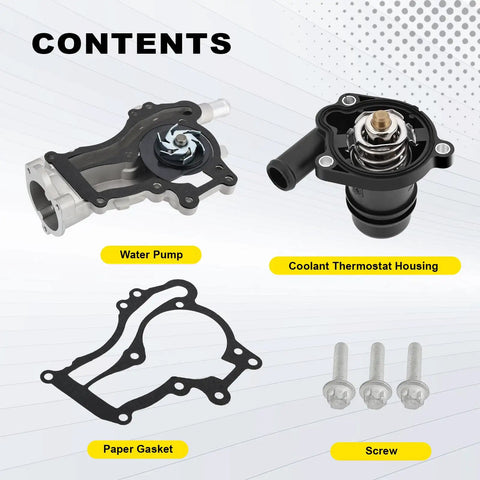 Contents of Water Pump Thermostat Kit Easy Fit For 2013-2020 Buick Encore, 2011-2016 Chevrolet Cruze, 2012-2020 Chevrolet Sonic, And 2013-2020 Chevrolet Trax 1.4L Turbo Engine Replacement Replaces 25192709 55565336 902808 34709 showing water pump, thermostat housing, paper gasket, and screws