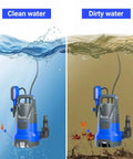 Badass 1HP Submersible Sump Pump Pushes Hella Fast 4500GPH in clean and dirty water comparison image.