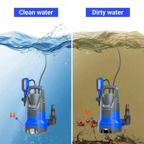 Badass 1HP Submersible Sump Pump Pushes Hella Fast 4500GPH in clean and dirty water comparison image.