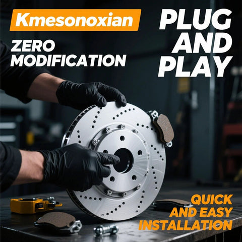Mechanic holding brake rotor with text "Kmsonoxian Zero Modification, Plug and Play, Quick and Easy Installation" in workshop
