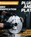 Mechanic holding disc brake rotor with text on installation ease in workshop