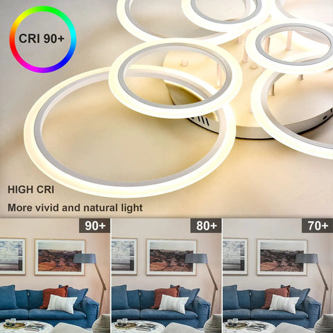 41 Inch Modern LED Ceiling Light With Remote Dimmable Eight Ring White Flush Mount Fixture for Living Room