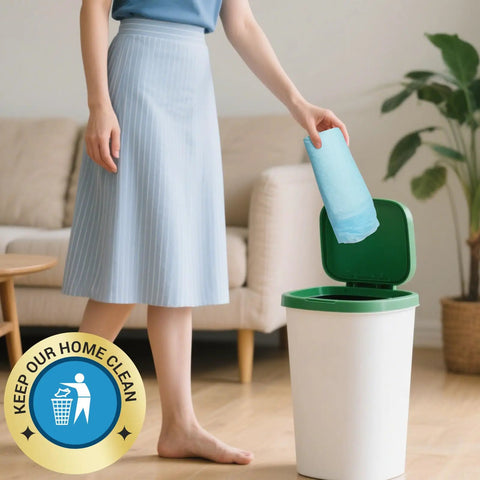 Woman placing a blue disposable bed pad in a green trash bin, promoting cleanliness for Top Shelf Extra Large Disposable Bed Pads Designed To Quickly Absorb And Lock Fluid Without Leaking For Adult Incontinence Or Puppy Training Heavy Duty Super Absorbent Underpads Keep Bedding Pristine And Fresh Daily.