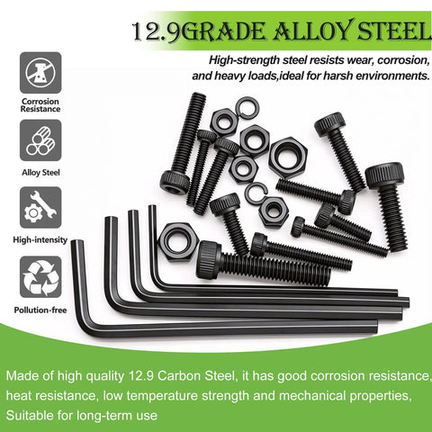 Metric Screws Kit Mega Pack 888 Pieces M4 M3 M2.5 M2 Hex Socket Head Cap Screws With Nuts Washers Black Zinc Plated 12.9 Grade Alloy Steel
