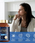 Liposomal Lithium Orotate 20mg Capsules With Magnesium Glycinate Lions Mane Bacopa Phosphatidylserine And Ashwagandha bottle next to woman