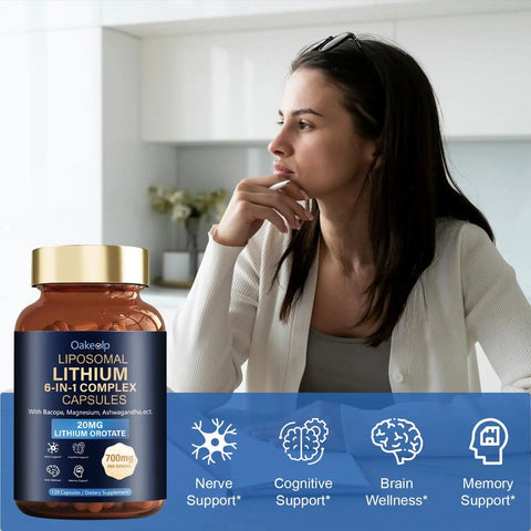 Liposomal Lithium Orotate 20mg Capsules With Magnesium Glycinate Lions Mane Bacopa Phosphatidylserine And Ashwagandha bottle next to woman