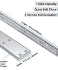 Two Sets 20 Inch Soft Close Drawer Slides Heavy Duty Side Mount Rails For Cabinets And Furniture, Quiet Smooth Closing, Durable Metal Mechanism, Easy Install, Ideal For Kitchen, Bathroom, And Workshop Drawers. 20-inch metal drawer slides, 1.77-inch wide, 0.5-inch thick, shown with 100lb capacity and full extension.