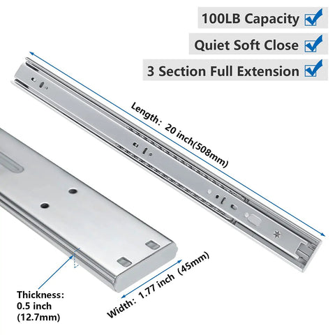 Two Sets 20 Inch Soft Close Drawer Slides Heavy Duty Side Mount Rails For Cabinets And Furniture, Quiet Smooth Closing, Durable Metal Mechanism, Easy Install, Ideal For Kitchen, Bathroom, And Workshop Drawers. 20-inch metal drawer slides, 1.77-inch wide, 0.5-inch thick, shown with 100lb capacity and full extension.