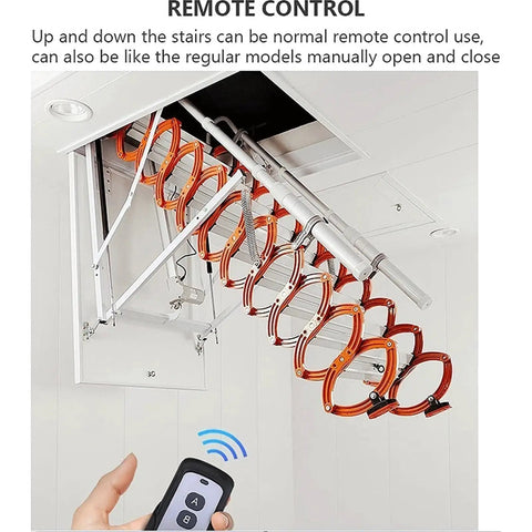 Electric Attic Ladder Pull Down Folding Loft Stairs Built Like A Tank With Top Shelf Alloy Build And Hassle Free Operation Safety Handrails For Effortless Ceiling Access 80X120CM remote control access with retractable steps.