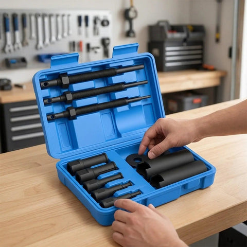 Top Quality Steel Heavy Duty Bike Bearing Puller Kit Comes With 12 Piece Motorcycle Inner Bearing Removal Tools For Auto Vehicle Maintenance And Garage Repair Hard Working Mechanics And Busy Weekenders Who Want Sick Performance On Open Road. Blue case with steel bearing puller tools