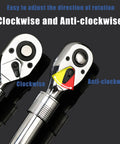 Extendable Ratchet Set Three Piece With One Quarter Inch Drive, Three Eighths Inch Drive, And One Half Inch Drive, shown with direction arrows